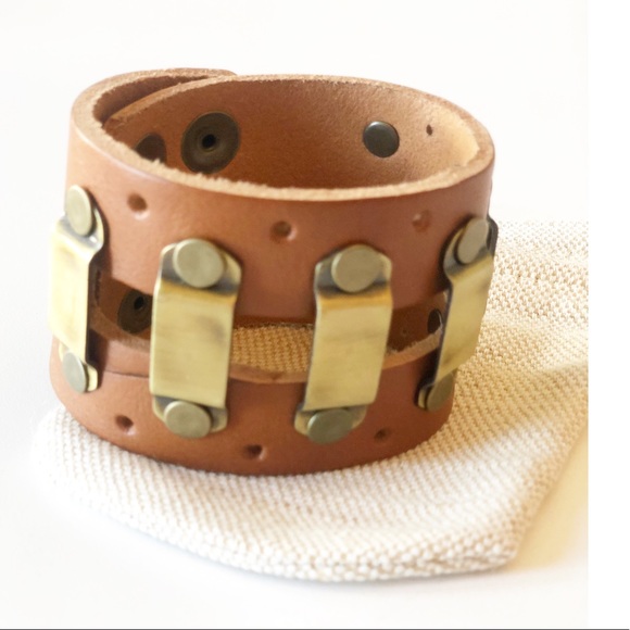 Genuine Leather & Brass Cuff Bracelet 9.5” x 2” - Picture 1 of 4